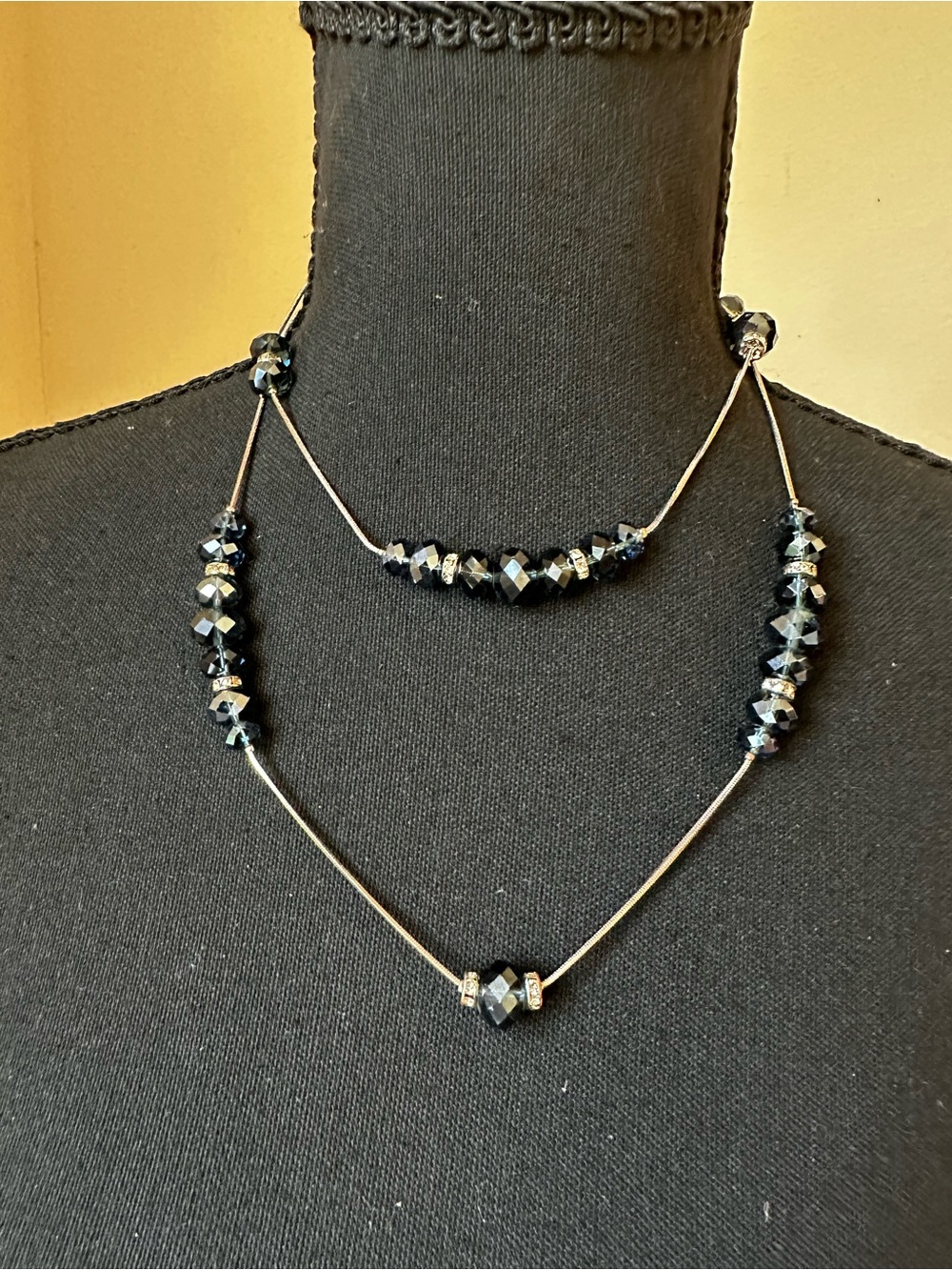 Nine West Black Faceted Crystal Double-Strand Necklace with Silver Accents